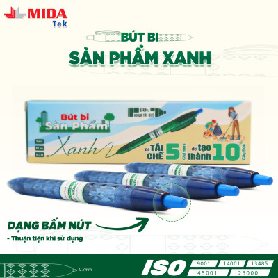 Bút bi xanh dương MIDATEK 3 cây/ hộp, nguyên liệu nhựa tái chế
