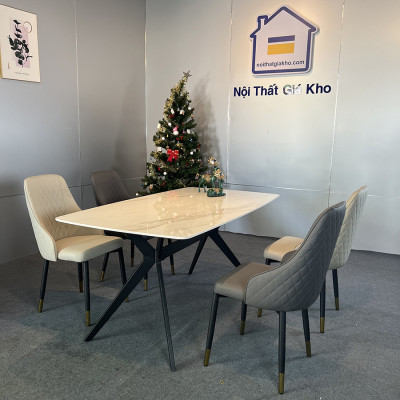 Bộ bàn ăn mặt đá Ceramic bóng chân chữ H kết hợp ghế Louis