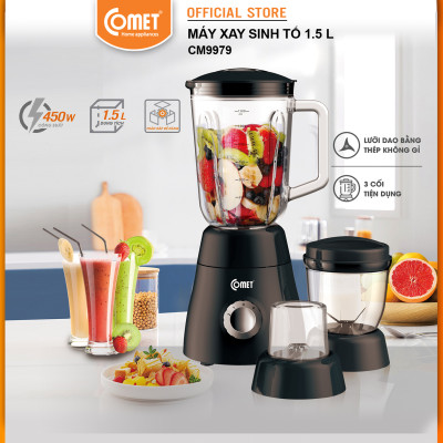 Máy xay sinh tố Comet CM9979 – 3 cối thủy tinh và nhựa cao cấp, công suất 450W – Xay sinh tố, thịt, hạt – Dung tích 1.5L – Hàng chính hãng, bảo hành 1 năm 