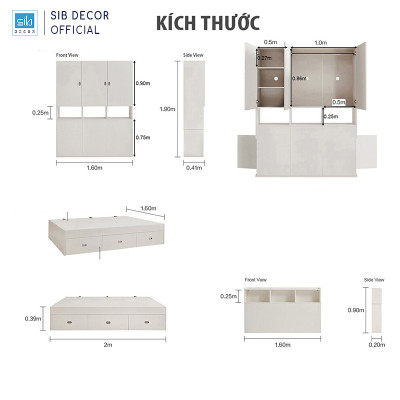 Giường Ngủ Liền Tủ Quần Áo Tích Hợp Kệ Đầu Giường Thông Minh Màu Walnut Phối Trắng SIB Decor GN03