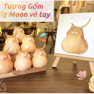 Tượng Gốm Thủ Công - Vẽ tay "Pig Moon"-Heo nhỏ nhặt Ánh Trăng Tri Thức-Tượng may mắn - trang trí dễ thương - Pig Moon Bookstore