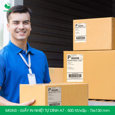 MGN3 - 76x130 mm - Combo 5 xấp 500 tờ giấy in nhiệt A7 tự dính - Giấy in đơn hàng, giấy in A7