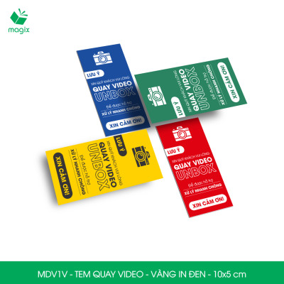 50 Tem chú ý quay video trước khi mở hàng, decal dán hộp - 10x5 cm - Vàng in đen - MDV1V