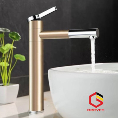 Vòi rửa mặt đa năng thân cao mạ vàng GR7013C (đầu và thân vòi đều xoay được 360 độ, mạ màu vàng nhạt - như hình)