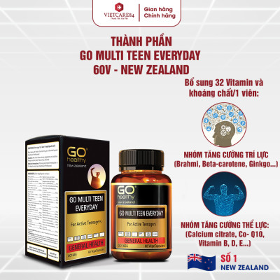 Viên uống dành cho tuổi teen nhập khẩu chính hãng New Zealand GO MULTI TEEN EVERYDAY (60 viên) bổ sung 32 vitamin, khoáng chất và một số dưỡng chất hỗ trợ duy trì và tăng cường sức khỏe cho trẻ ở tuổi tăng trưởng, tuổi dậy thì