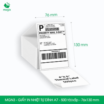 MGN3 - 76x130 mm - Combo 5 xấp 500 tờ giấy in nhiệt A7 tự dính - Giấy in đơn hàng, giấy in A7