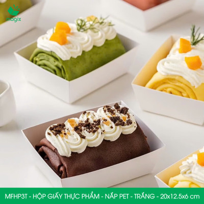 MFHP3T - 20x12.5x6 cm - 50 hộp giấy thực phẩm màu trắng nắp Pet, hộp giấy chữ nhật đựng thức ăn, hộp bánh nắp trong