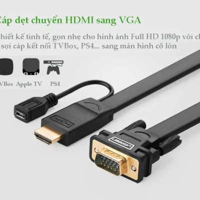 Ugreen UG40267MM101TK 1.5M màu Đen Cáp chuyển đỗi HDMI sang VGA kèm cổng trợ nguồn Micro USB - HÀNG CHÍNH HÃNG