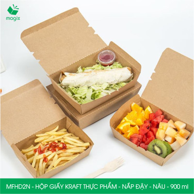 MFHD2N - Combo 25 hộp giấy kraft thực phẩm 900ml, hộp đựng thức ăn nắp đậy màu nâu, hộp gói đồ ăn mang đi