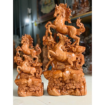 Tượng con ngựa song mã uyên ương bằng gỗ hương đá kt cao 40cm