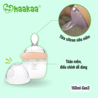 Bình thìa ăn dặm Gen.3 160ml Haakaa. Chất liệu silicone cao cấp, an toàn. Không chứa BPA, PVC và phthalate. Dễ dàng chuyển đổi thành Cốc hứng sữa, Bình sữa, Bình trữ sữa