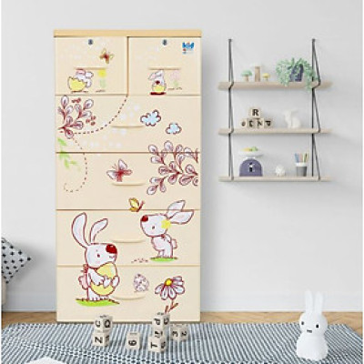 Tủ nhựa 5 tầng Qui Phúc KID màu hột gà mẫu Con Thỏ KT 600 x 470 x 1300 mm _ Juno Sofa hàng lắp sẵn