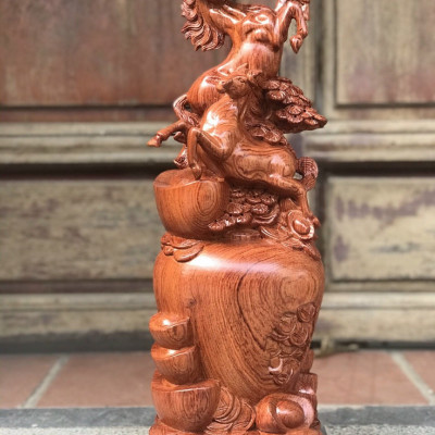 Tượng con ngựa song mã uyên ương bằng gỗ hương đá kt cao 50×22×15cm