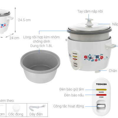 Nồi cơm nắp rời Toshiba RC-18MH2PV(F) 1.8 lít - Hàng chính hãng( Chỉ giao HCM)