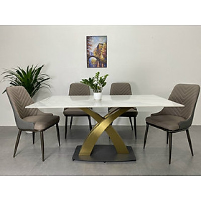 Bộ bàn ghế phòng ăn Juno sofa mặt trắng vân mây chân X inox mạ PVD kèm 4 ghế 