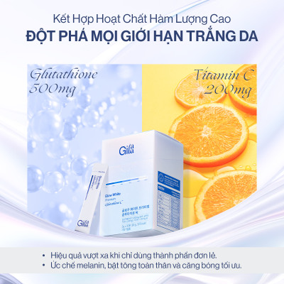 Bột Uống Trắng Da Bật Tone GILAA Glow White Premium Glutathione C (3g x 30 gói)