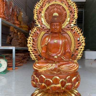 Bộ tượng thất phật được sư bằng gỗ hương đá kt cao 40×20cm +lá chắn hào quang cao tổng 54cm 