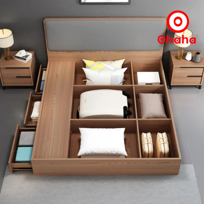 [Miễn phí vận chuyển & lắp đặt] Giường ngủ thông minh cao cấp bọc nệm đầu giường có hộc kéo gỗ công nghiệp Ohaha - GN015