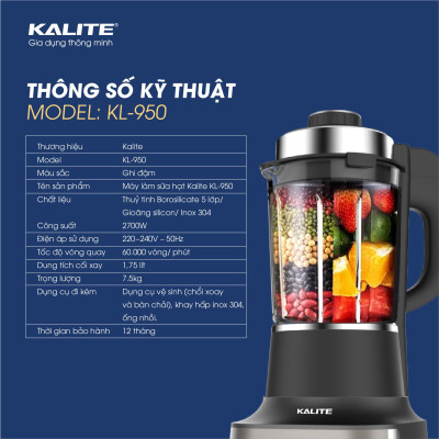 Máy Nấu Sữa Hạt Kalite KL-950 Kiêm Xay Sinh Tố Đa Năng, Gồm 14 Chương Trình - Hàng Chính Hãng