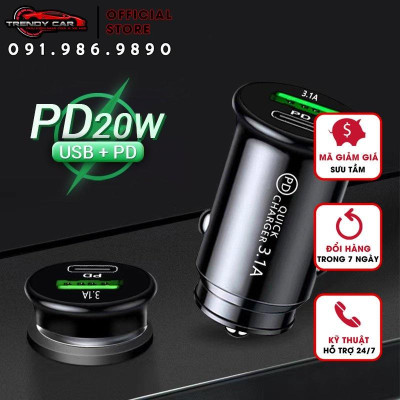 Tẩu sạc Qc3.0 PD 20W cổng USB Type-C trên xe hơi công suất 20W an toàn nhỏ gọn tiện dụng