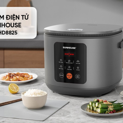 Nồi cơm điện tử 1.5L Sunhouse SHD8825 - 700W, 6 chức năng, Hẹn giờ nấu 24h, Chống dính Daikin 2 lớp, Lòng nồi 1.2mm - Hàng chính hãng