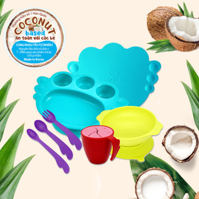 Set đồ khay bát ăn dặm 10 món - Dụng cụ ăn dặm cho bé Uinlui ăn toàn làm từ dừa