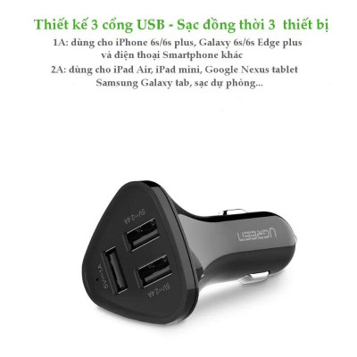 Ugreen UG40284CD124TK 29W màu Đen Bộ sạc ô tô 3 cổng USB - HÀNG CHÍNH HÃNG