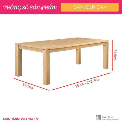 Bàn ăn cao cấp gỗ vân verneer sồi SMLIFE Duncan | D152,2 x R99,1 x C74,9cm | gỗ Cao Su và Veneer Sồi