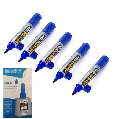 Combo 05 Cây Bút Lông Dầu FO-PM09 Và Bình Mực Lông Dầu (Màu Xanh)