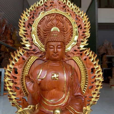 Bộ tượng thất phật được sư bằng gỗ hương đá kt cao 40×20cm +lá chắn hào quang cao tổng 54cm 