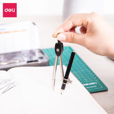 Bộ 9 dụng cụ đo lường Học sinh Deli - Compa, Eke, Thước kẻ, Bút chì, Thước đo góc, Gọt chì, Tẩy - Kèm Hộp Sắt Tiện Dụng