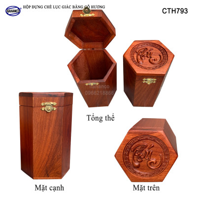 Hộp đựng trà bằng gỗ Hương mặt đục chữ Phúc - hình lục lăng, cafe, decor, giúp giữu mùi vị, vân gỗ siêu đẹp - CTH793