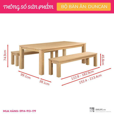 Bộ bàn ăn 2 ghế băng dài gỗ vân veneer sồi hiện đại SMLIFE Duncan Duncan | D213,3 x R99,1 x C74,9cm | gỗ Cao Su và Veneer Sồi