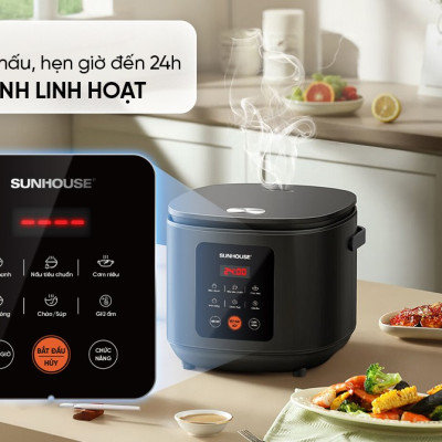 Nồi cơm điện tử 1.5L Sunhouse SHD8825 - 700W, 6 chức năng, Hẹn giờ nấu 24h, Chống dính Daikin 2 lớp, Lòng nồi 1.2mm - Hàng chính hãng