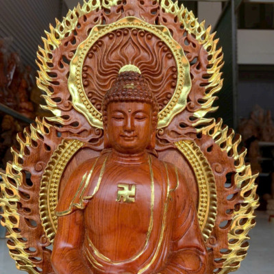 Bộ tượng thất phật được sư bằng gỗ hương đá kt cao 40×20cm +lá chắn hào quang cao tổng 54cm 