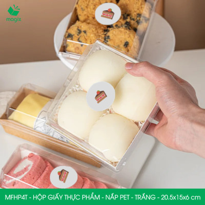 MFHP4T - 20.5x15x6 cm -50 hộp giấy thực phẩm màu trắng nắp Pet, hộp giấy chữ nhật đựng thức ăn, hộp bánh nắp trong