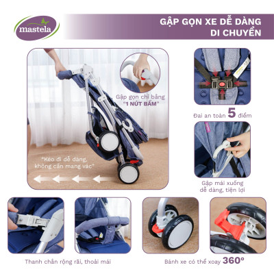 Xe đẩy gấp gọn cho bé Mastela A2 - Xe đẩy em bé khung Aluminum cao cấp siêu nhẹ và bền bảo hành 12 tháng