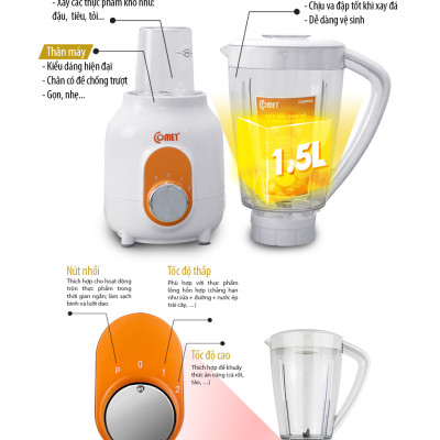 Máy xay sinh tố Comet CM9955 – 2 cối nhựa kháng vỡ, dung tích 1.5L – Công suất 450W, lưỡi dao thép không gỉ – Hàng chính hãng, bảo hành 1 năm