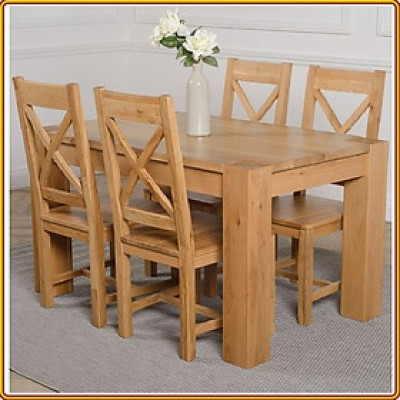 Bộ bàn ghế phòng ăn gỗ sồi Tundo màu vàng tự nhiên 1m2 kèm 4 ghế lưng X