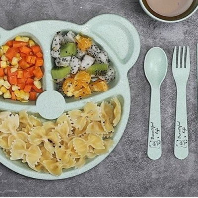 Khay Ăn Dặm cho bé Hình Gấu 3 ngăn tặng kèm bộ muỗng nĩa đũa chất liệu an toàn -Henrysa
