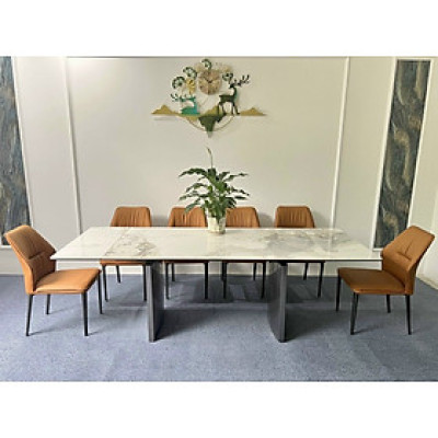 Bộ bàn ghế phòng ăn Tundo mặt đá ceramic, chân sắt sơn tĩnh điện kèm 6 ghế kevin