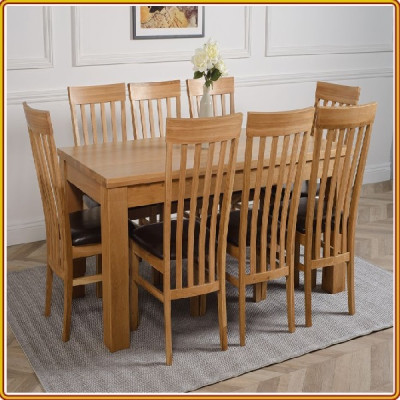 Bộ bàn ghế phòng ăn gỗ sồi Tundo màu vàng tự nhiên 1m8 + 8 ghế nệm lưng 5 nan 