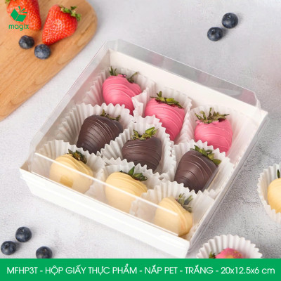 MFHP3T - 20x12.5x6 cm - 100 hộp giấy thực phẩm màu trắng nắp Pet, hộp giấy chữ nhật đựng thức ăn, hộp bánh nắp trong