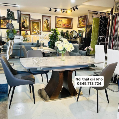 Bàn ăn thông minh - Bàn ăn mặt đá ceramic bóng kéo dài 2 đầu kết hợp ghế cups