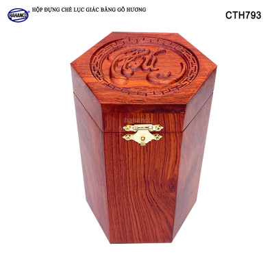Hộp đựng trà bằng gỗ Hương mặt đục chữ Phúc - hình lục lăng, cafe, decor, giúp giữu mùi vị, vân gỗ siêu đẹp - CTH793