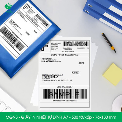 MGN3 - 76x130 mm - Combo 5 xấp 500 tờ giấy in nhiệt A7 tự dính - Giấy in đơn hàng, giấy in A7