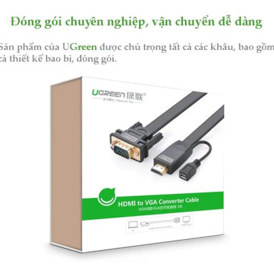 Ugreen UG40267MM101TK 1.5M màu Đen Cáp chuyển đỗi HDMI sang VGA kèm cổng trợ nguồn Micro USB - HÀNG CHÍNH HÃNG