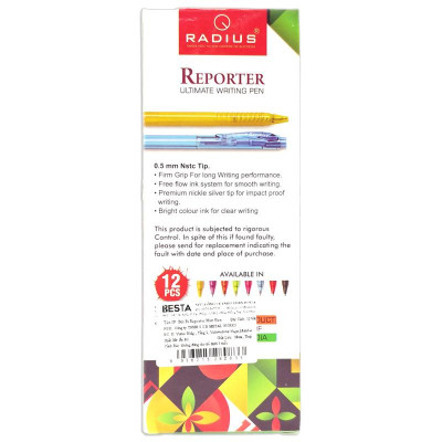 Hộp 12 Bút Bi Bấm Reporter 0.5 mm - Radius - Mực Đen