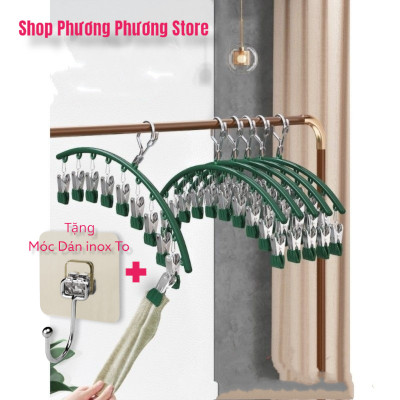 Combo Móc phơi quần áo inox có khóa móc treo chắc chắn - 10 kẹp được phủ nhựa chống sầy xước khi phơi đồ ( tặng móc dán inox to ) Hàng Cao Cấp