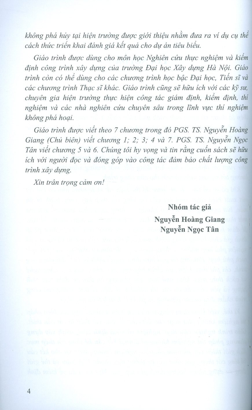 Giáo Trình Nghiên Cứu Thực Nghiệm Và Kiểm Định Công Trình Xây Dựng Phương Pháp Thí Nghiệm Không Phá Hoại Kết Cấu Bê Tông Cốt Thép - PGS. TS. Nguyễn Hoàng Giang chủ biên, PGS. TS. Nguyễn Ngọc Tân